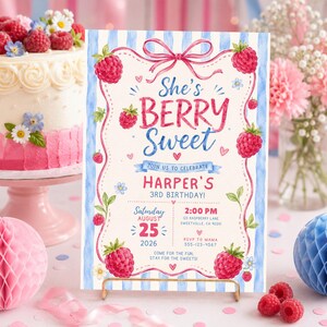 Invitación de cumpleaños con temática de bayas, invitación de cumpleaños con frambuesas, fiesta de cumpleaños con bayas, plantilla editable de Canva, cumpleaños de niña