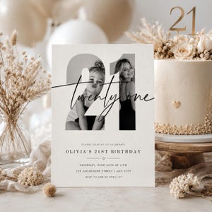 May include: A rectangular birthday invitation card featuring a large number 21 with black and white photos of a person inside the digits. The text reads: Please join us to celebrate Olivia's 21st birthday, Saturday, June 26th at 4 PM, 123 Anywhere Street, Any City, RSVP to Sam by April 1st.