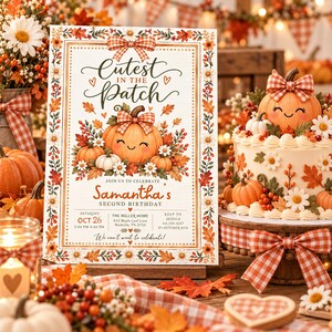May include: A rectangular birthday invitation card featuring the text Cutest in the Patch and Samantha's Second Birthday, decorated with orange pumpkins, autumn leaves, white daisies, and a red and white checkered bow border.