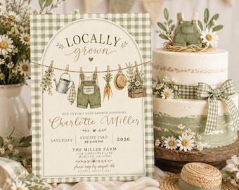 May include: A rectangular baby shower invitation card with a green gingham border, featuring an arched illustration of a clothesline with a watering can, overalls, carrots, a straw hat, and flowers. Text includes LOCALLY grown, Charlotte Miller, August 23rd, 2026, and The Miller Farm.