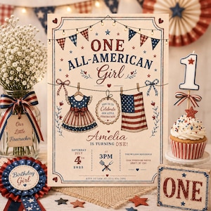 One All-American Girl 1st Birthday Invitation, Patriotic Gingham (Digital Download)