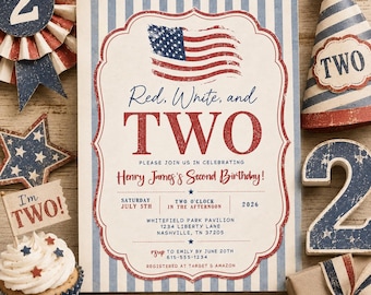 Vintage Red White and TWO Birthday Invitation, Patriotic 2nd Birthday Invite (Digital Download)