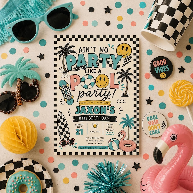 May include: A rectangular birthday invitation card with a black and white checkered border. The text reads: AIN'T NO PARTY LIKE A POOL PARTY! JOIN US TO CELEBRATE JAXON'S 8TH BIRTHDAY! SATURDAY JUNE 21 5:00 PM THE ANDERSON POOL 123 SUNSHINE LANE MIAMI, FL 33101.