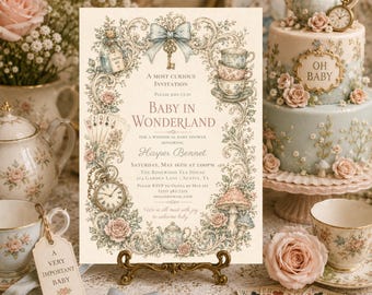 May include: A rectangular baby shower invitation card featuring ornate vintage-style scrollwork, a blue bow, a key, playing cards, a pocket watch, and a teapot. The text reads A MOST CURIOUS INVITATION, BABY IN WONDERLAND, honoring Harper Bennet on Saturday, May 16th at 1:00PM at The Rosewood Tea House, 214 Garden Lane, Austin, TX, (555) 482-7319, hello@email.com.