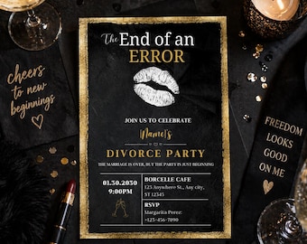 Invitación para fiesta de divorcio / Plantilla editable en negro y dorado (descarga digital)