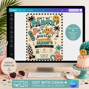 May include: A digital invitation template on a computer screen featuring a pool party theme with text reading AIN'T NO PARTY LIKE A POOL PARTY! JAXON'S 8TH BIRTHDAY. The design includes illustrations of palm trees, a skateboard, a surfboard, and a flamingo.
