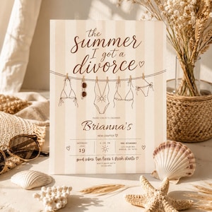 Peut inclure: Une carte d'invitation rectangulaire à rayures verticales beiges présentant le texte 'the summer I got a divorce' et des illustrations de maillots de bain sur une corde. Elle inclut les détails de l'événement pour le nouveau chapitre de Brianna.