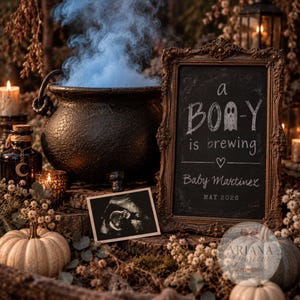 Halloween Pregnancy Announcement Template, A Boo-y Is Brewing, Witchy Baby Reveal, Editable Canva Sonogram, Instant Download