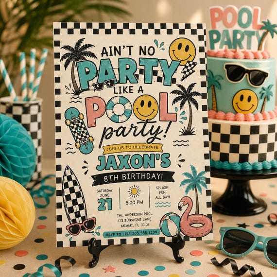 Retro Pool Party Invitation, Summer Birthday Canva Template (Instant Download)