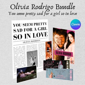 May include: An Olivia Rodrigo bundle featuring a newspaper clipping, concert ticket, and other promotional items. The text includes "You seem pretty sad for a girl so in love" and "Olivia Rodrigo". The items are in shades of pink, black, and white.