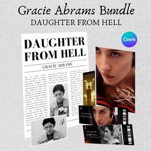 Może przedstawiać: Zestaw gadżetów Gracie Abrams, w tym wydruk w stylu gazety z nagłówkiem "DAUGHTER FROM HELL" i zdjęciem artystki. Zawiera również zdjęcie i dwa bilety.