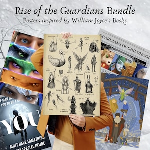 May include: A Rise of the Guardians bundle featuring posters inspired by William Joyce's books. The collection includes a beige print with black character sketches, a colorful collage of character eyes, and a blue-toned illustration of the group.