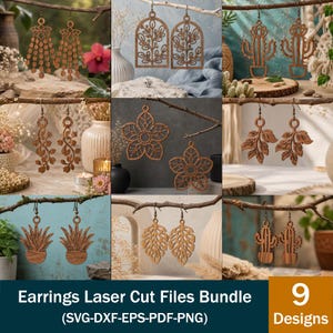 Könnte beinhalten: Neun verschiedene Designs von lasergeschnittenen Holzohrringen, darunter Blumen-, Blatt- und Kaktusformen. Die Ohrringe werden auf Ästen vor neutralem Hintergrund präsentiert. Der Text "Earrings Laser Cut Files Bundle" ist unten sichtbar.