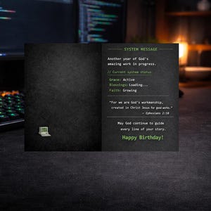 Christliche Geburtstagskarte | Programmieren Humor | Tech-Liebhaber-Karte | Dunkelmodus | Göttliche Botschaft | Druckbar