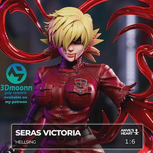 Peut inclure: Figurine détaillée de Seras Victoria de Hellsing, vêtue d'un uniforme rouge et d'une jupe assortie. La figurine a des cheveux blonds et des accents rouges, à l'échelle 1:6. L'image contient du texte "3Dmoonn" et "July reward available on my patreon."