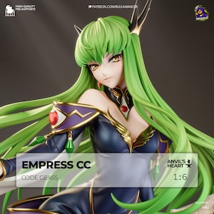 May include: A detailed figurine of Empress CC from Code Geass, featuring long green hair and a dark blue and purple outfit. The figure is 1:6 scale and includes the text "EMPRESS CC" and "CODE GEASS".