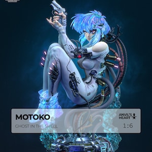 Può includere: Figura dettagliata di Motoko di Ghost in the Shell, in tuta bianca con capelli blu e occhi rossi, che tiene in mano una pistola d'argento. La figura è in scala 1:6 e presenta intricati dettagli meccanici. La base è un design futuristico.