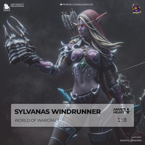 May include: A detailed figurine of Sylvanas Windrunner from World of Warcraft. The figure is in a dynamic pose, wearing armour with purple and bronze accents, and holding a bow and arrows. The figure is 1:8 scale.