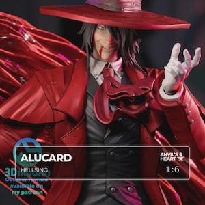 May include: A detailed figurine of Alucard from Hellsing, wearing a red hat and coat. The figure has gray hair and a sinister smile with blood on the chin. The text "ALUCARD" and "HELLSING" are visible, along with "1:6" and Patreon information.