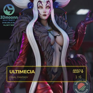 May include: A detailed figurine of Ultemecia from Final Fantasy, with long white hair and a red and black outfit. The figure has a 1:6 scale and is a July reward from 3Dmoonn. The image includes text that says "ULTIMECIA FINAL FANTASY".