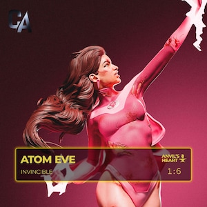 May include: A pink Atom Eve figure from the Invincible series. The figure is in a dynamic pose, with one arm raised and a white energy effect. The figure is wearing a pink suit with a cape. The text "ATOM EVE" and "INVINCIBLE" are displayed.