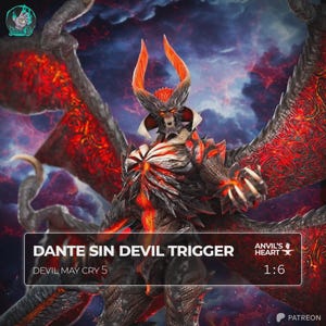 Peut inclure: Figurine détaillée de Dante Sin Devil Trigger de Devil May Cry 5. La figurine représente un personnage démoniaque avec des couleurs rouge et noir, de grandes ailes et des cornes. La figurine est étiquetée "Dante Sin Devil Trigger" et "1:6".