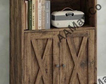 Wooden 5 Tier Industrial Bookshelf, Bookcase with Doors and Storage Shelves