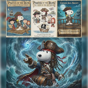 May include: A collection of Snoopy-themed pirate art. The top row features three movie posters: "Pirates of the Bean," and "Captain Jack Snoopy." The bottom image is a detailed illustration of Snoopy as a pirate, holding a compass and sword, set against a stormy sea.