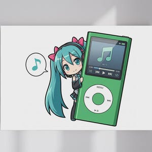 May include: Illustration of an anime-style character with turquoise hair and pink bows, peeking from behind a green music player. The player displays a music note icon. A speech bubble with a musical note is also present.