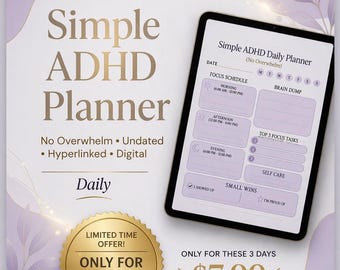 ADHD Daily Planner Printable, Minimalist Daily Planner PDF, Focus Planner for Women, Productivity Planner, Instant Download