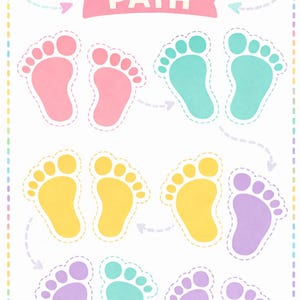 Op de afbeelding: Een kleurrijke educatieve poster met de woorden "EXAMPLE PATH" boven een reeks voetafdrukken. De voetafdrukken zijn in roze, teal, geel en paars, gerangschikt in paren met pijlen.