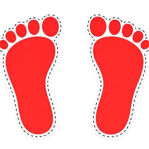 May include: Two red foot-shaped cutouts with white borders and dashed lines. The foot outlines are a bright red color, with the toes clearly defined. The background is plain white.