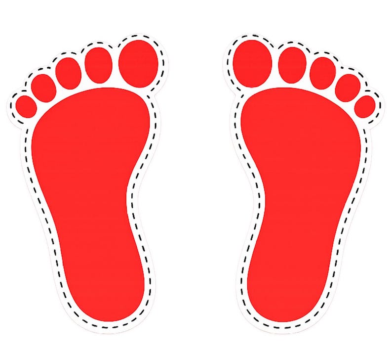 May include: Two red foot-shaped cutouts with white borders and dashed lines. The foot outlines are a bright red color, with the toes clearly defined. The background is plain white.