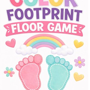 Op de afbeelding: Een kleurrijk kinderspel voor op de vloer met de tekst "KIDS COLOR FOOTPRINT FLOOR GAME". Het ontwerp bevat een regenboog, harten, bloemen en voetafdrukken. Het spel moedigt kinderen aan om te bewegen, te springen, te spelen en te leren.