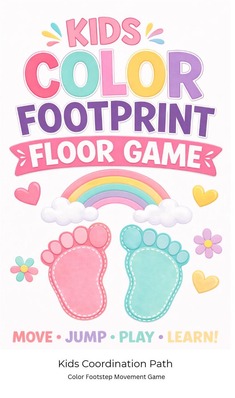 Op de afbeelding: Een kleurrijk kinderspel voor op de vloer met de tekst "KIDS COLOR FOOTPRINT FLOOR GAME". Het ontwerp bevat een regenboog, harten, bloemen en voetafdrukken. Het spel moedigt kinderen aan om te bewegen, te springen, te spelen en te leren.