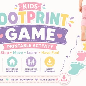Op de afbeelding: Een kleurrijk printbaar kinderspel met de tekst "Kids Footprint Game". Het spel bevat kleurrijke voetafdrukuitsparingen en pictogrammen voor grove motorische ontwikkeling, binnenspelen en direct downloaden.