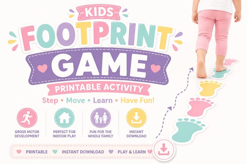 Op de afbeelding: Een kleurrijk printbaar kinderspel met de tekst "Kids Footprint Game". Het spel bevat kleurrijke voetafdrukuitsparingen en pictogrammen voor grove motorische ontwikkeling, binnenspelen en direct downloaden.