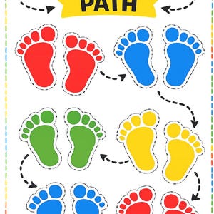 May include: A colorful educational poster with the words "EXAMPLE PATH" above a series of footprints. The footprints are in red, blue, green, and yellow, with dotted lines and arrows indicating a path.