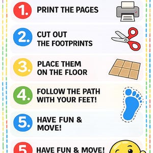 May include: Colorful instructional graphic with the word "INSTRUCTIONS" at the top. Steps include printing pages, cutting out footprints, placing them on the floor, and following the path. Includes a winking emoji.