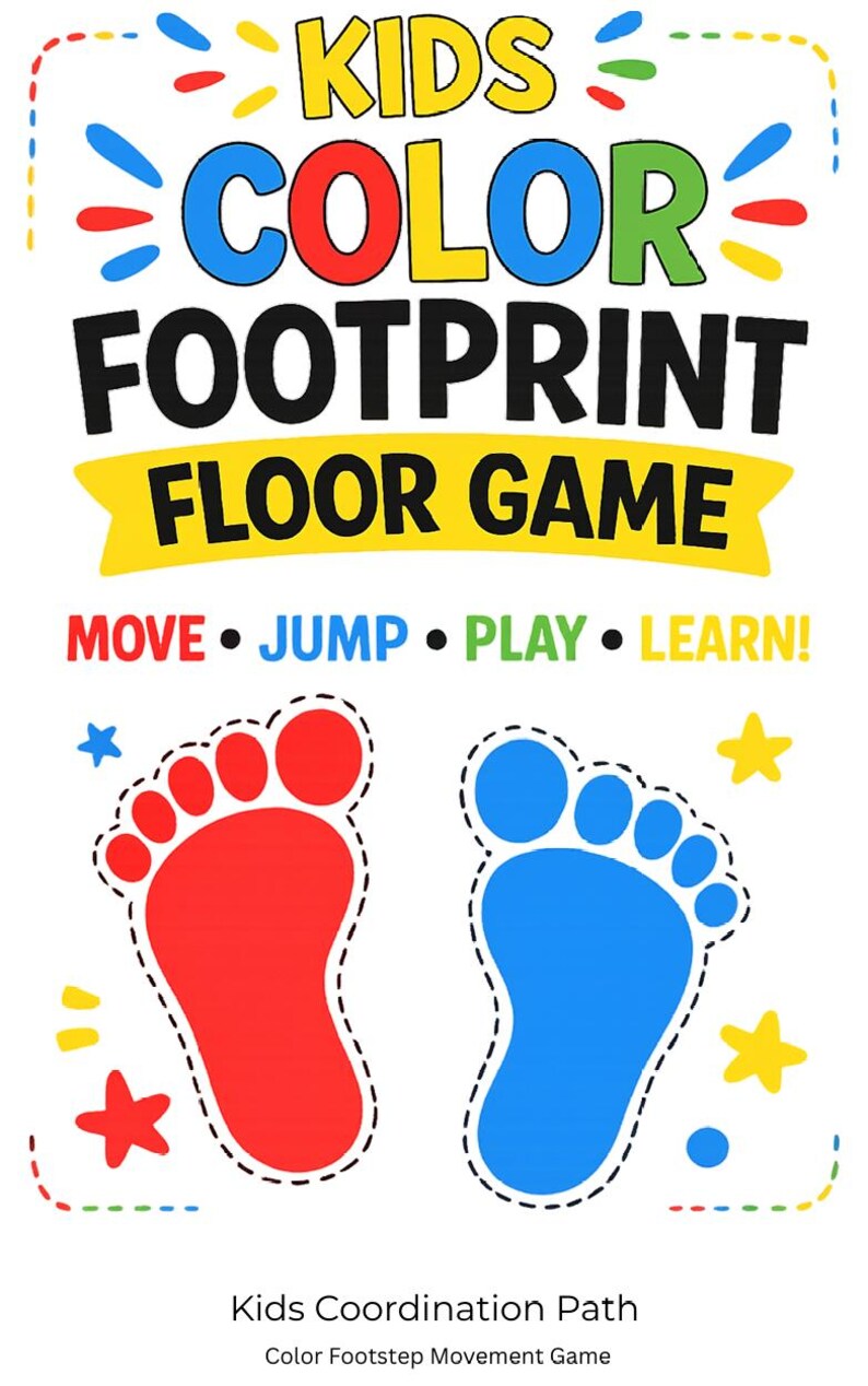 May include: A colorful floor game for kids with the text "KIDS COLOR FOOTPRINT FLOOR GAME". The game features red and blue footprints, stars, and the words "MOVE, JUMP, PLAY, LEARN!"