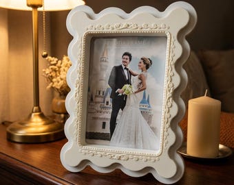 Marco de fotos ondulado, festoneado color crema, decoración vintage para habitación, regalo de aniversario de boda.