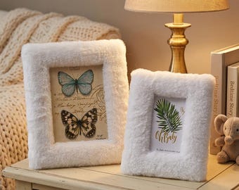 Marco de fotos de felpa de piel sintética blanca, decoración acogedora para la habitación.