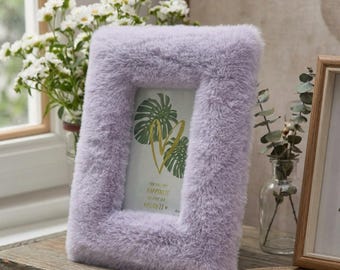Marco de fotos de piel sintética color lavanda, accesorio de escritorio de felpa suave, decoración estilo años 2000.