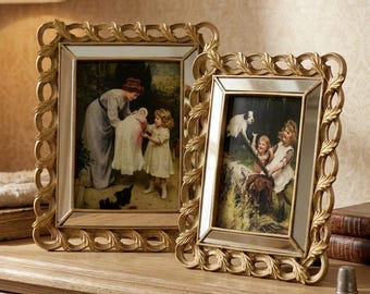 Marco de fotos dorado ornamentado, marco de fotos vintage con espejo, decoración de pared para galería de mesa