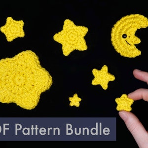 Crocheted Stars and Moon PDF and Video Crochet Pattern Tutorial Bundle - Beginner Friendly Amigurumi Crocheting