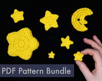 Crocheted Stars and Moon PDF and Video Crochet Pattern Tutorial Bundle - Beginner Friendly Amigurumi Crocheting