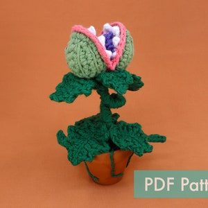May include: A crocheted plant with a large, open flower head, green leaves, and a brown pot. The flower is green with pink and white accents. The text "PDF Pattern" is in a green box.