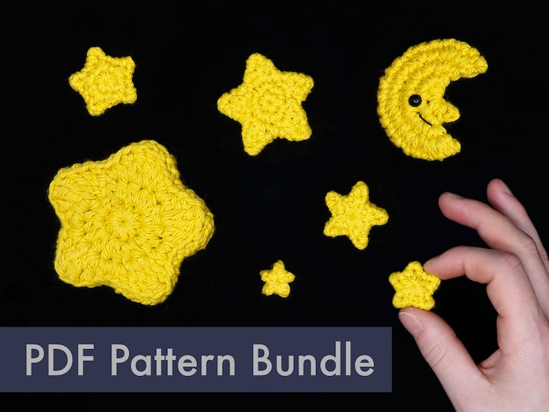 Crocheted Stars and Moon PDF and Video Crochet Pattern Tutorial Bundle Beginner Friendly Amigurumi Crocheting image 1