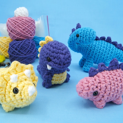 Beginner Crochet Kit Dinosaurs - Learn How To Crochet Kit - Easy Starter Crochet Kit - Amigurumi Kit - DIY Craft Kit Gift