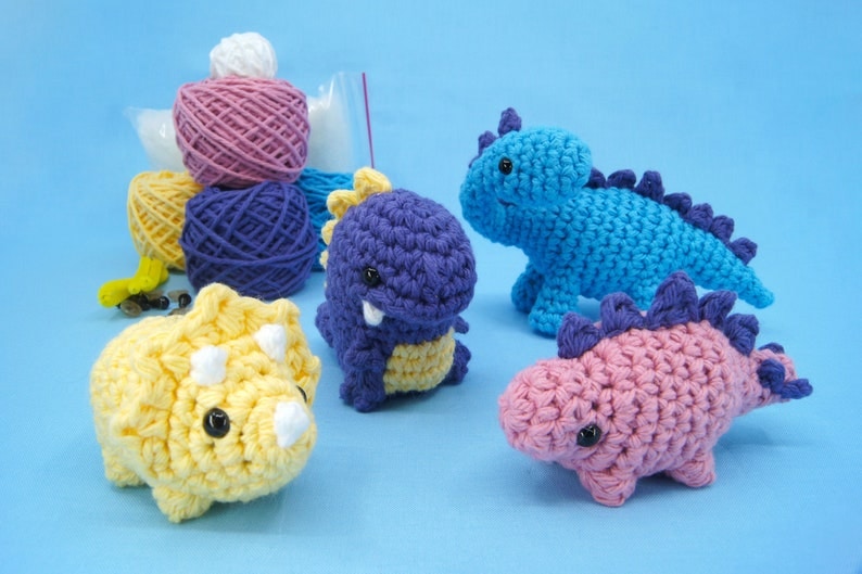 Beginner Crochet Kit Dinosaurs Learn How To Crochet Kit Easy Starter Crochet Kit Amigurumi Kit DIY Craft Kit Gift image 1